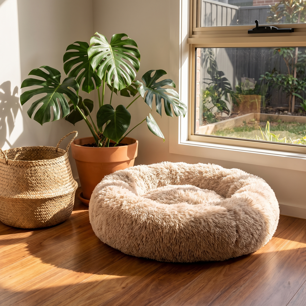 Halo Calming Donut Dog Bed in a sunny corner by a window