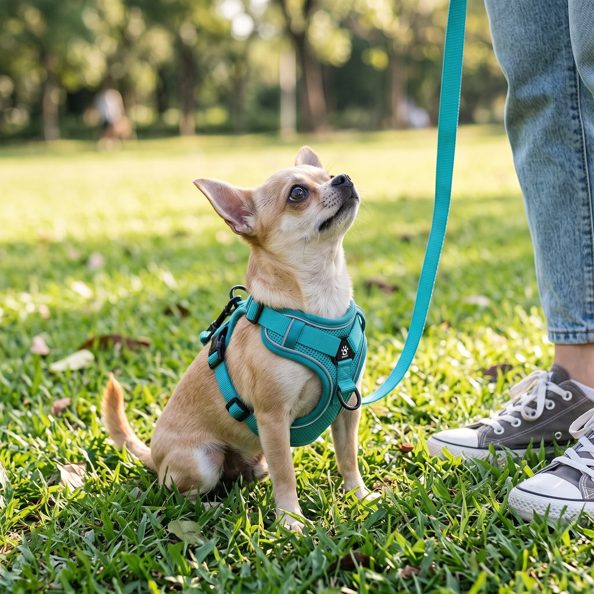 Stroll No-Pull Dog Harness and Leash Set on a chihuahua in the park