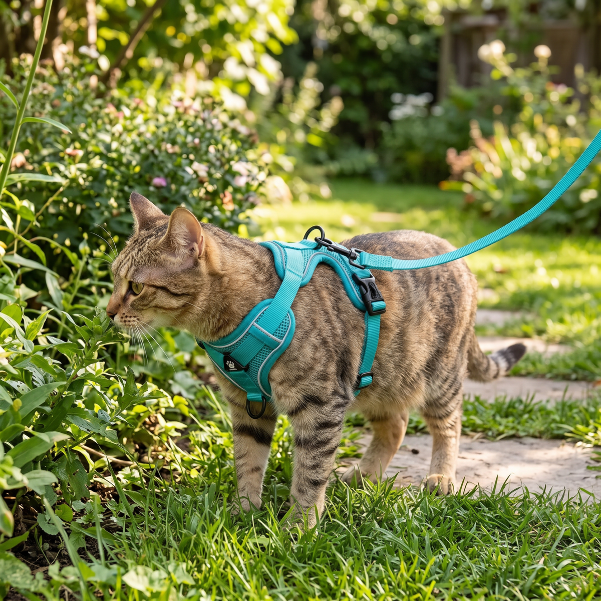 Stroll No-Pull Dog Harness and Leash Set on a cat in the garden