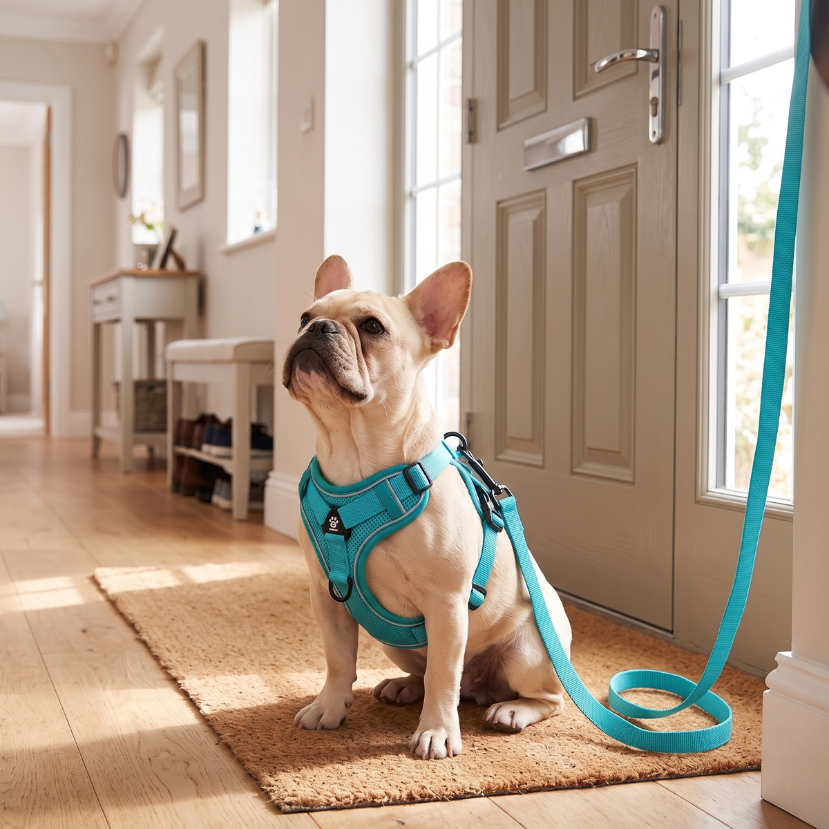 Stroll No-Pull Dog Harness and Leash Set on a puppy by the front door