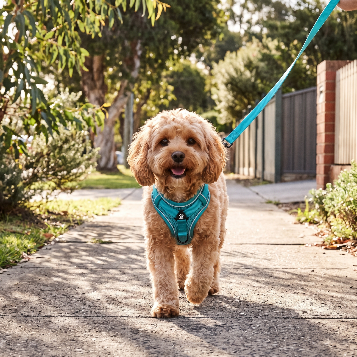Stroll No-Pull Dog Harness and Leash Set on a cavoodle walking in the suburbs