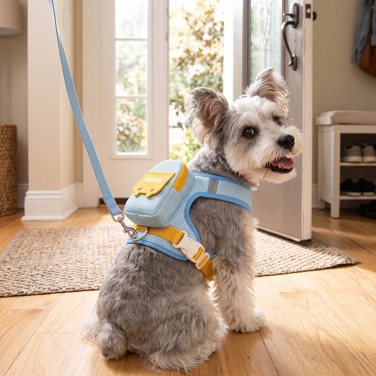 Rambler Backpack Dog Harness and Leash Set on a shih tzu at the front door