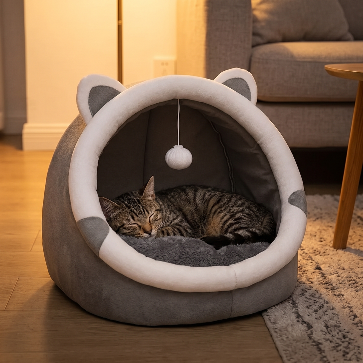 Cocoon Self-Warming Cat Tent Bed with a tabby in the evening