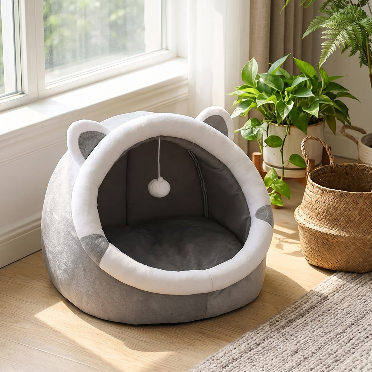 Cocoon Self-Warming Cat Tent Bed styled by a window