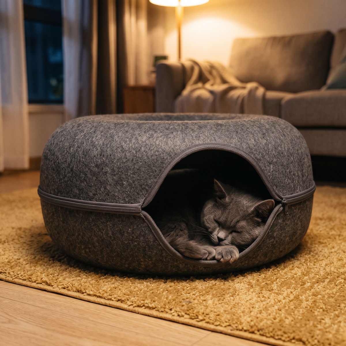Hideaway Felt Cat Cave Bed with a grey cat in the evening