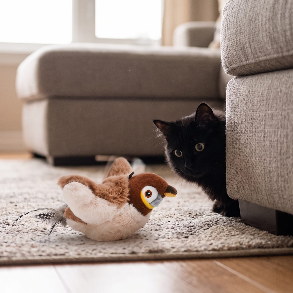 Flutter Interactive Bird Cat Toy with a black cat watching