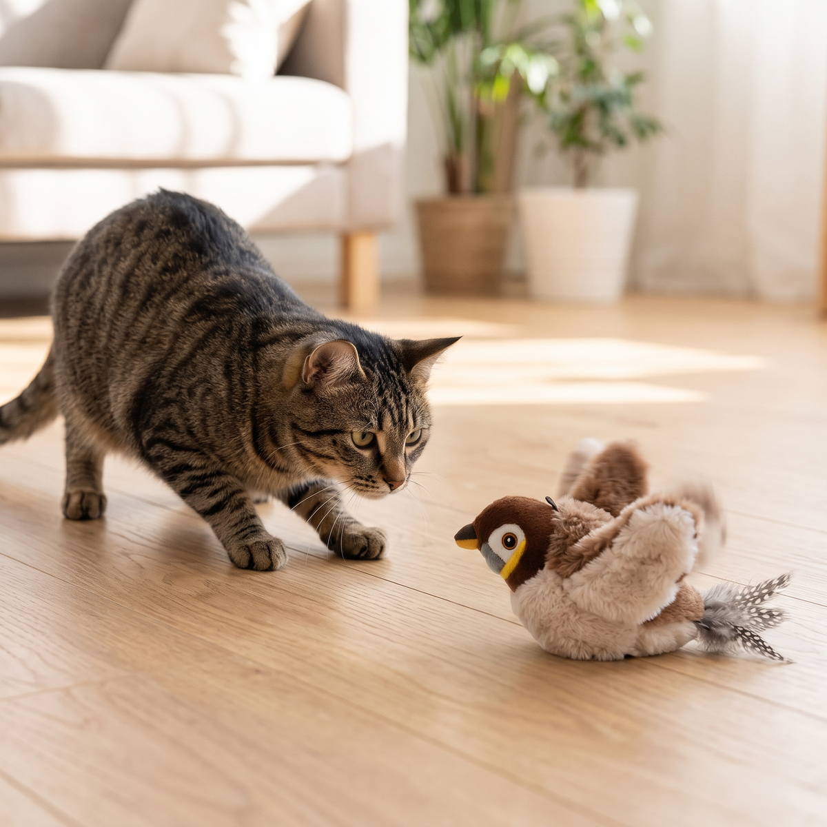 Flutter Interactive Bird Cat Toy with a tabby ready to pounce