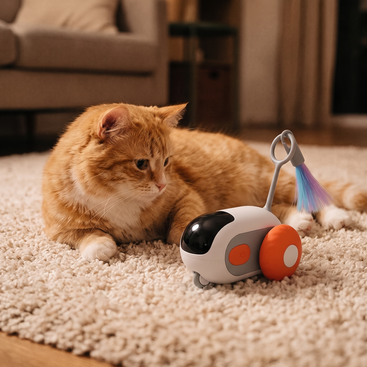 Zoom Self-Rolling Cat Toy Car with a ginger cat