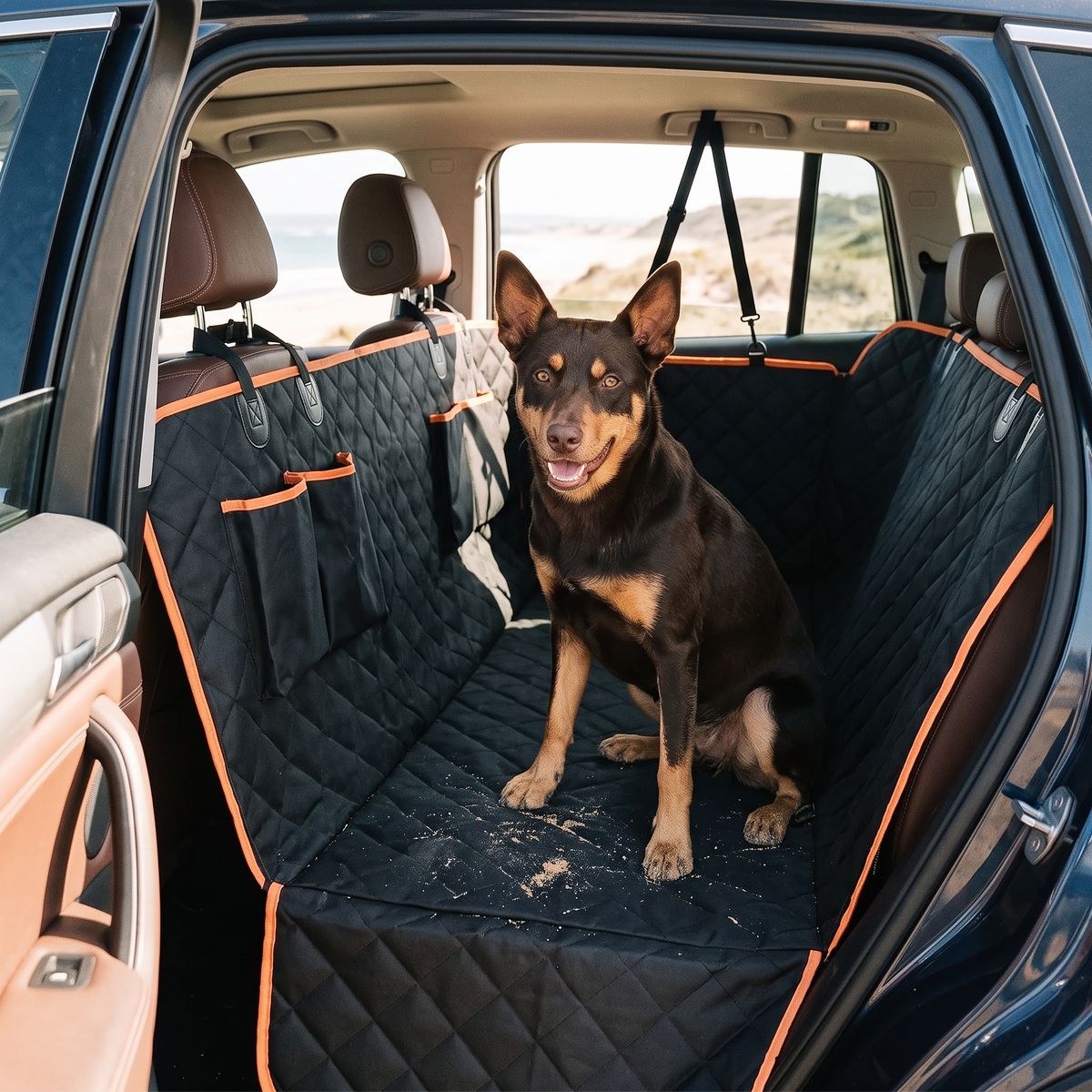Roadtrip Waterproof Dog Car Hammock with a kelpie after the beach