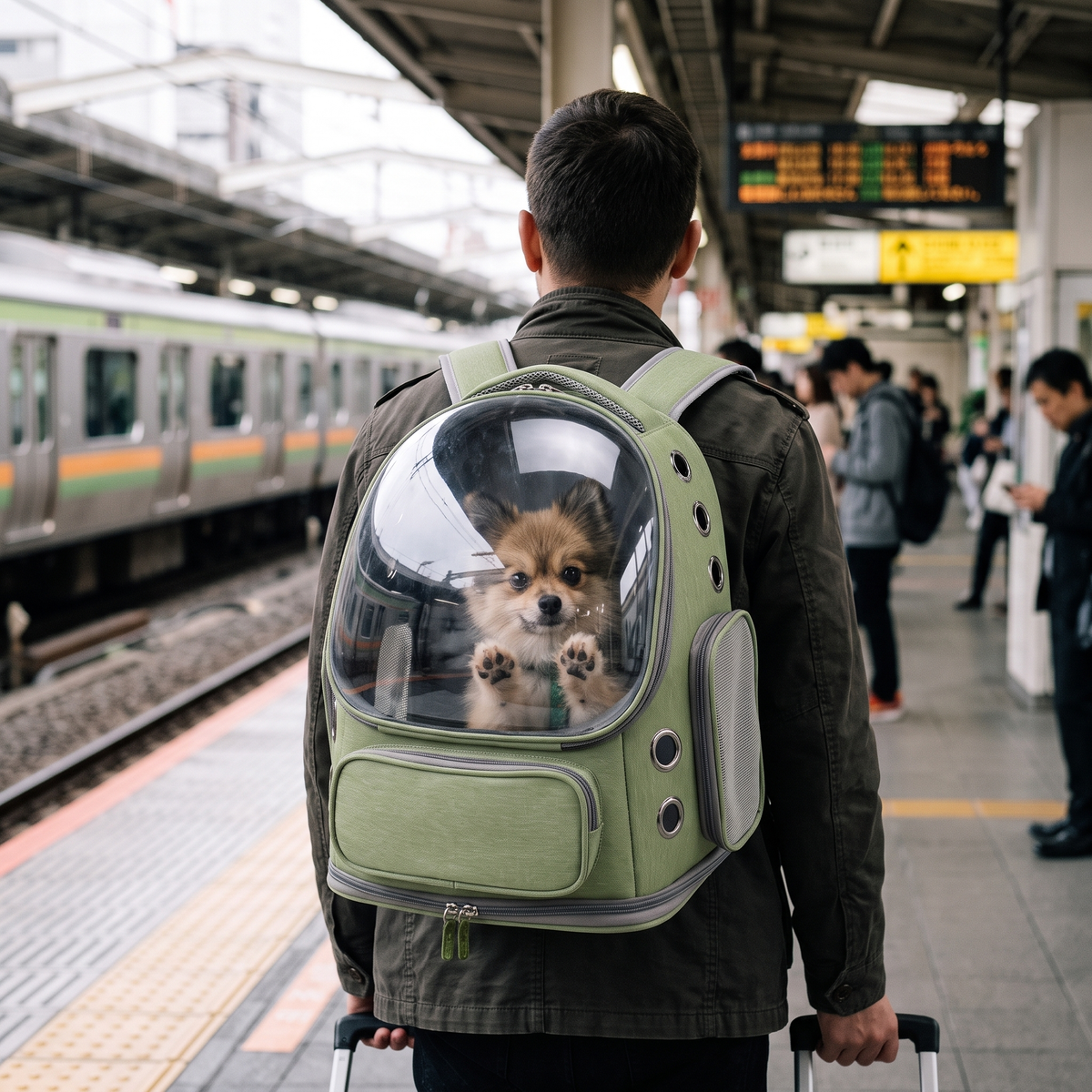 Orbit Bubble Pet Carrier Backpack with a small dog on a train platform