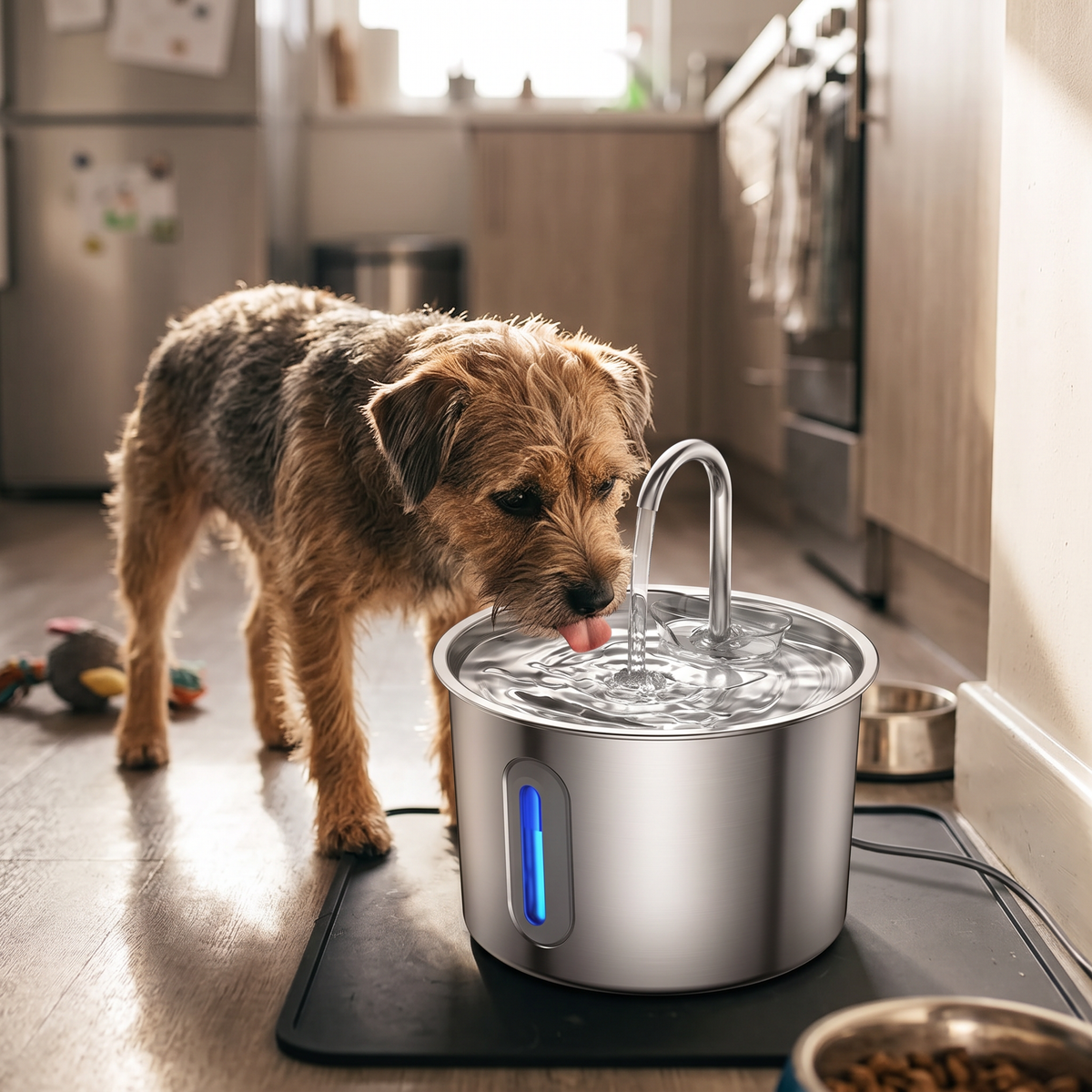 Clearwater Stainless Steel Pet Water Fountain with a terrier drinking
