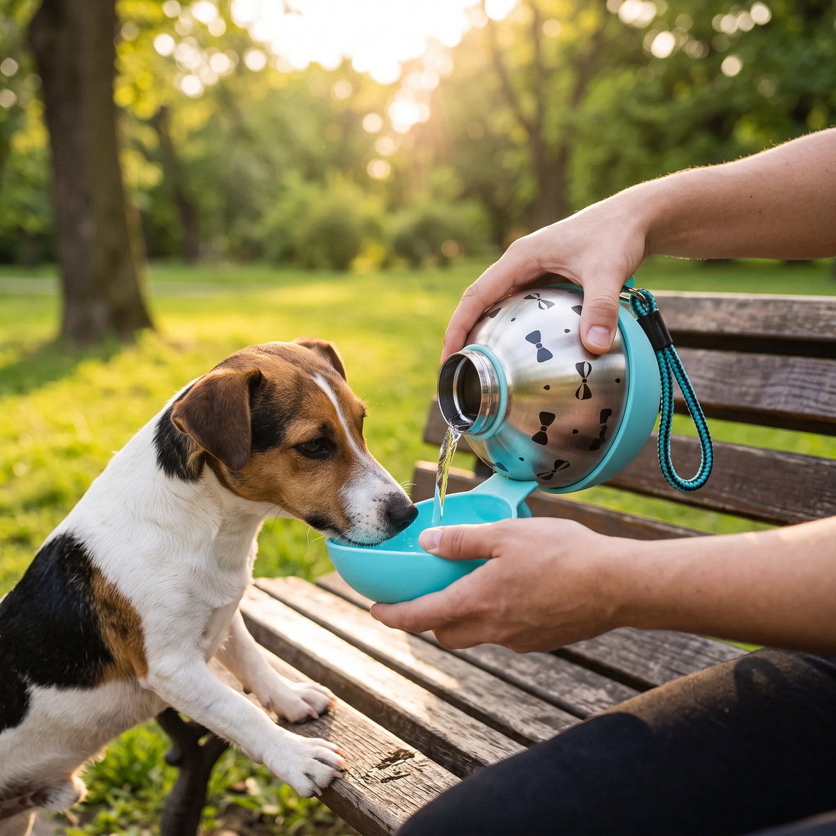 Trail Portable Dog Water Bottle with a jack russell at golden hour