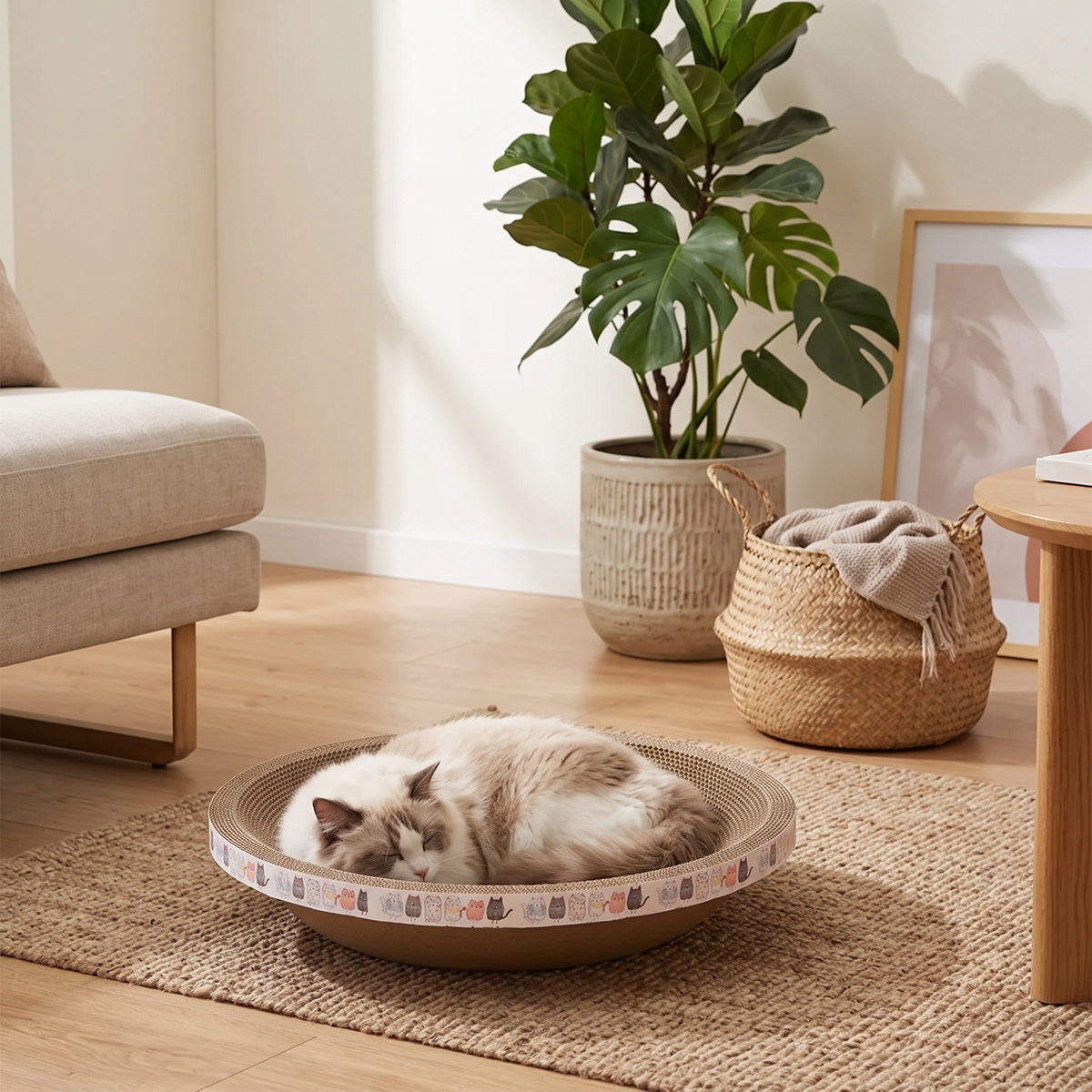 Ripple Oval Cardboard Cat Scratcher Bed styled in a lounge corner