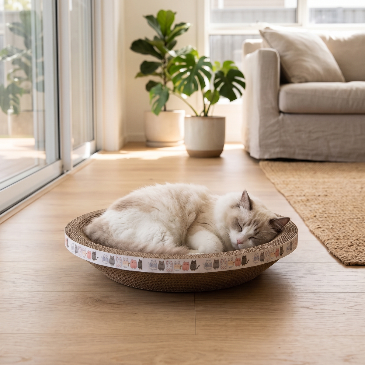 Ripple Oval Cardboard Cat Scratcher Bed with a white cat asleep