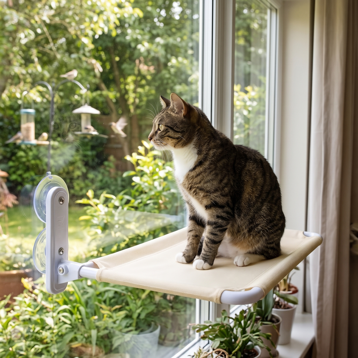 Sunspot Window Cat Hammock with a tabby watching birds