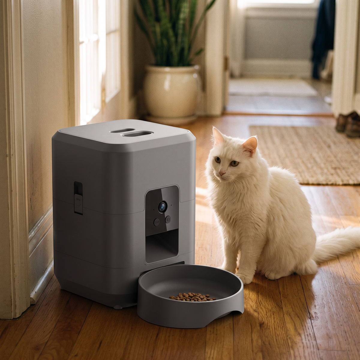 Watchful Automatic Pet Feeder with Camera with a white cat