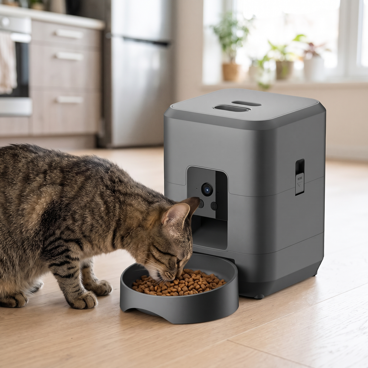 Watchful Automatic Pet Feeder with Camera with a tabby cat eating