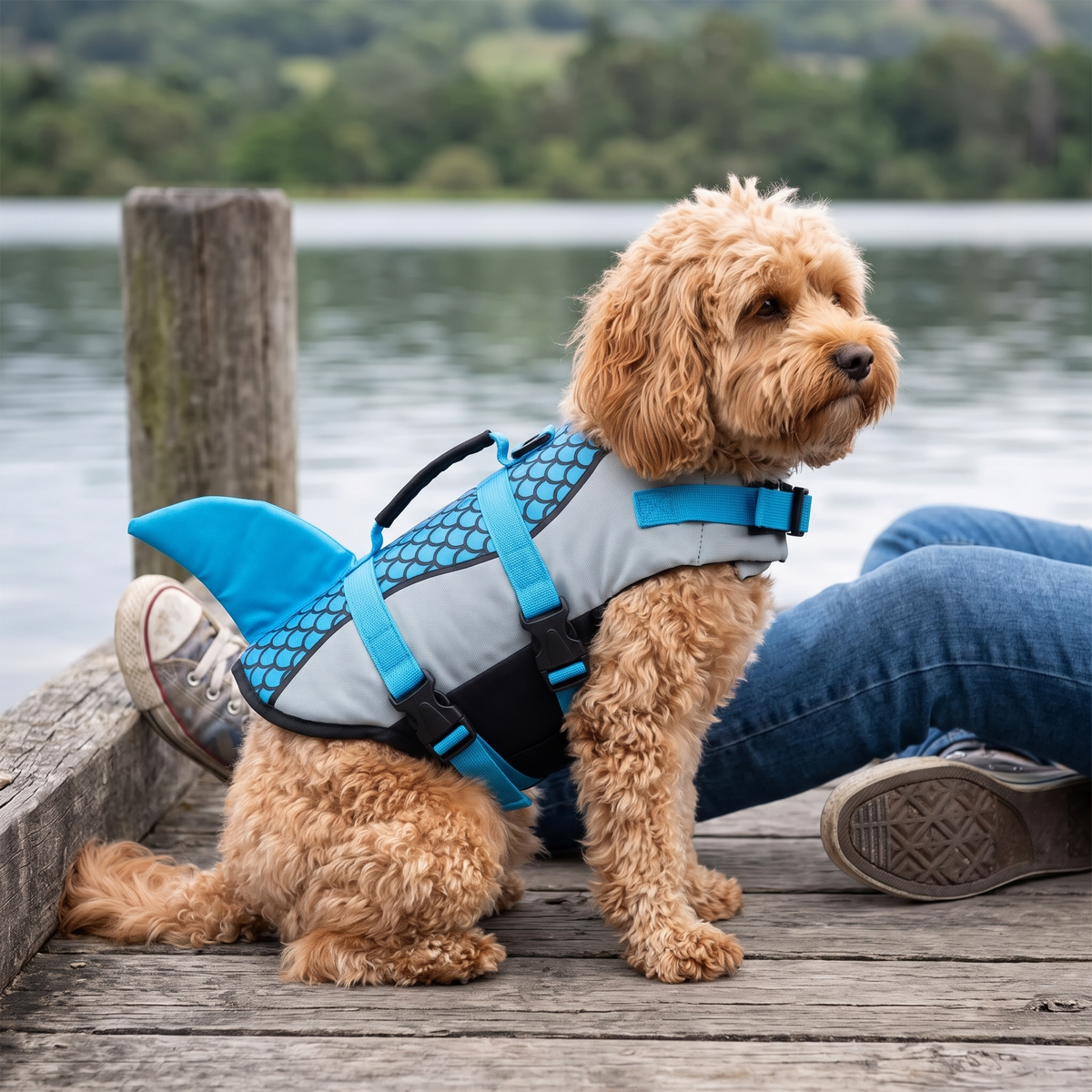 Splash Shark Fin Dog Life Jacket on a cavoodle on a jetty