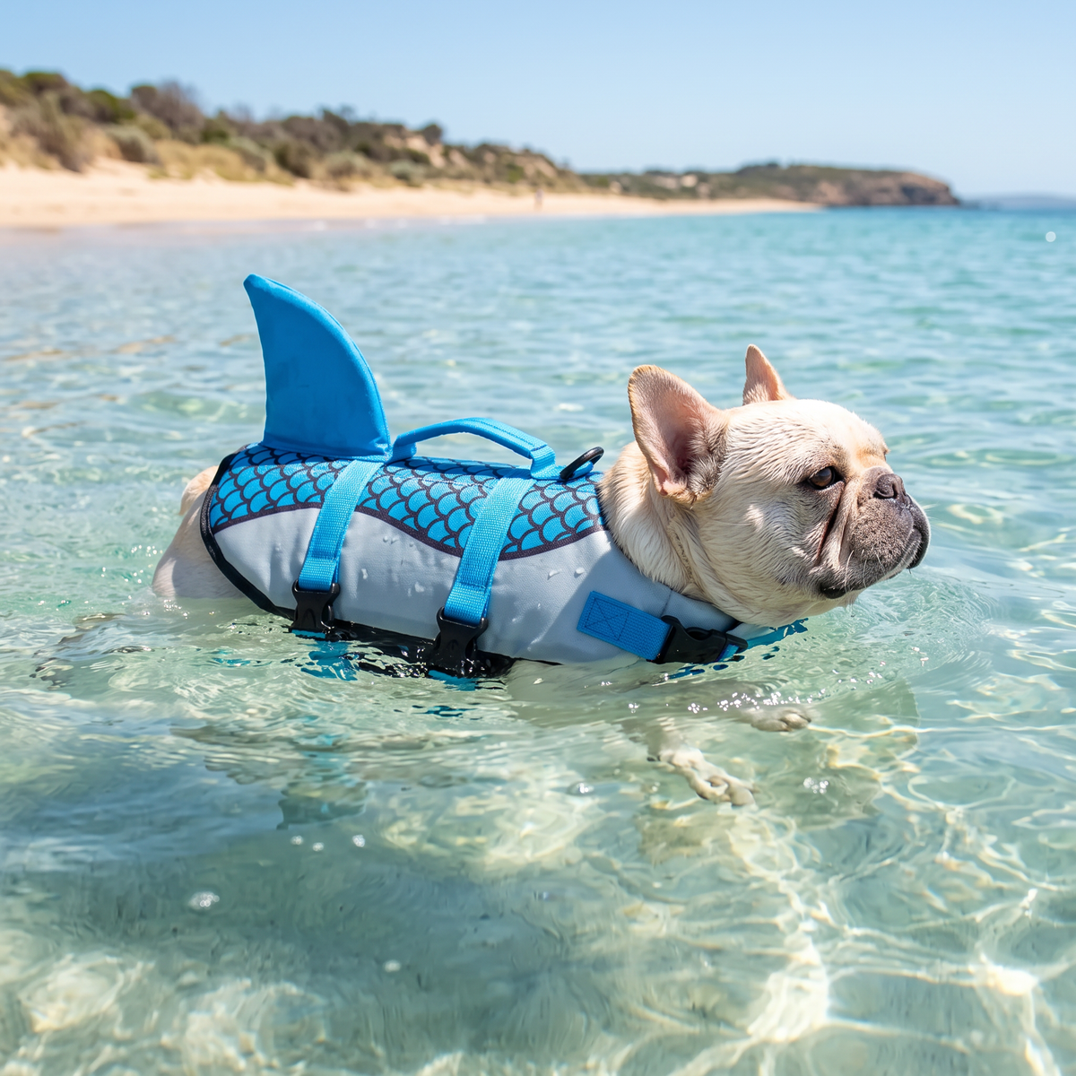 Splash Shark Fin Dog Life Jacket on a french bulldog swimming