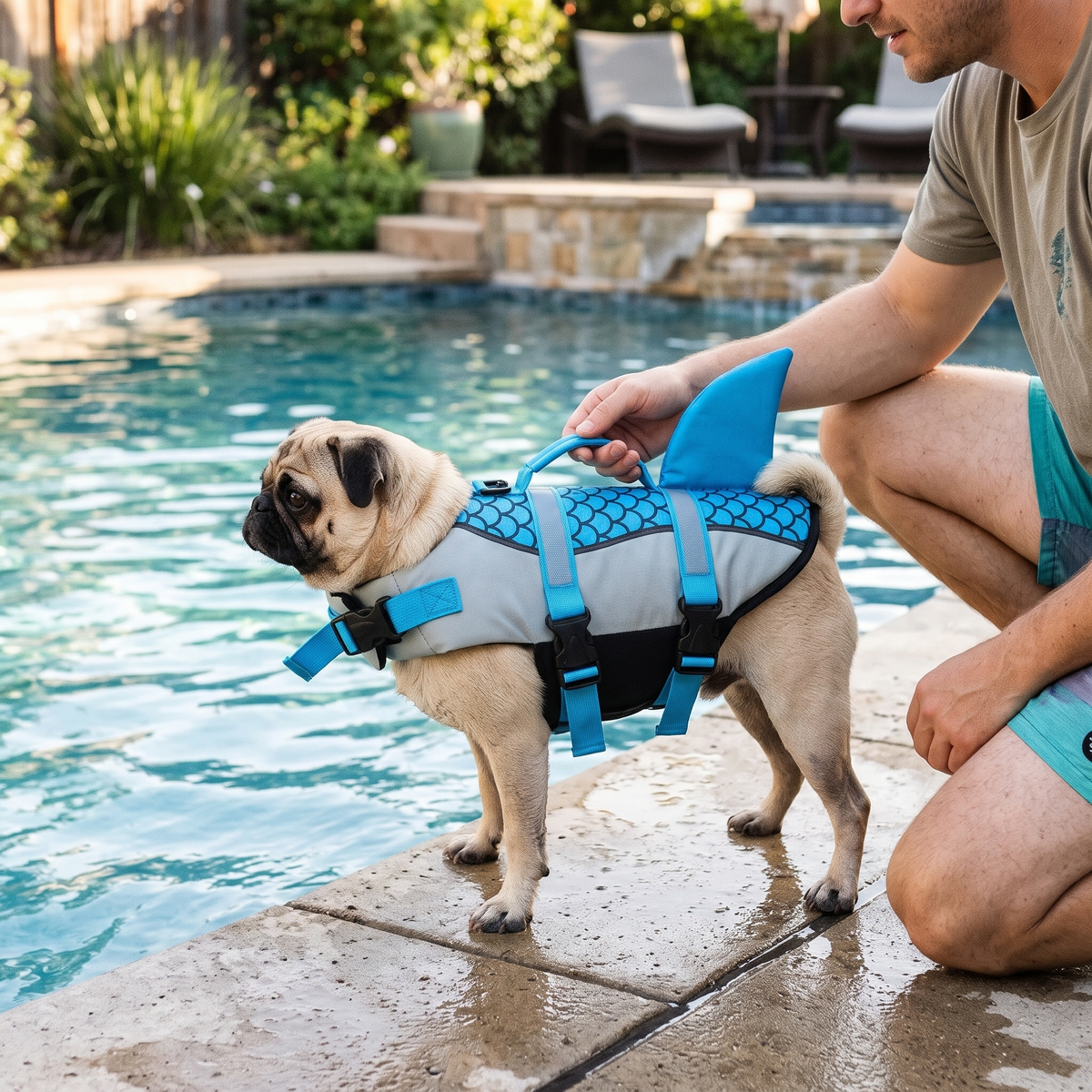 Splash Shark Fin Dog Life Jacket on a pug by the pool