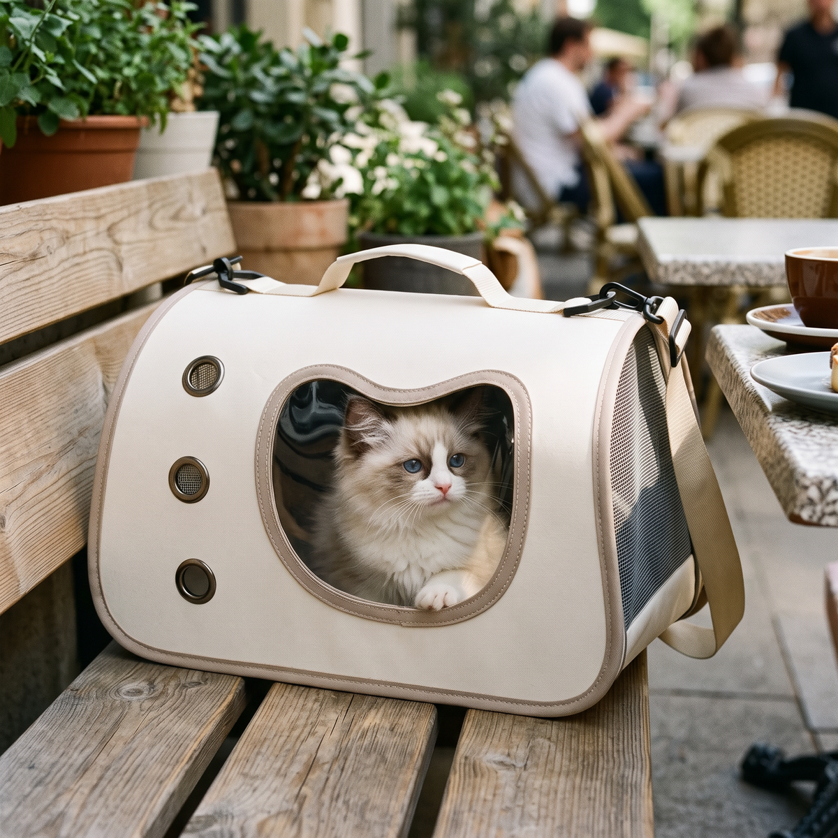 Cuddle Window Pet Carrier Bag with a kitten at a café