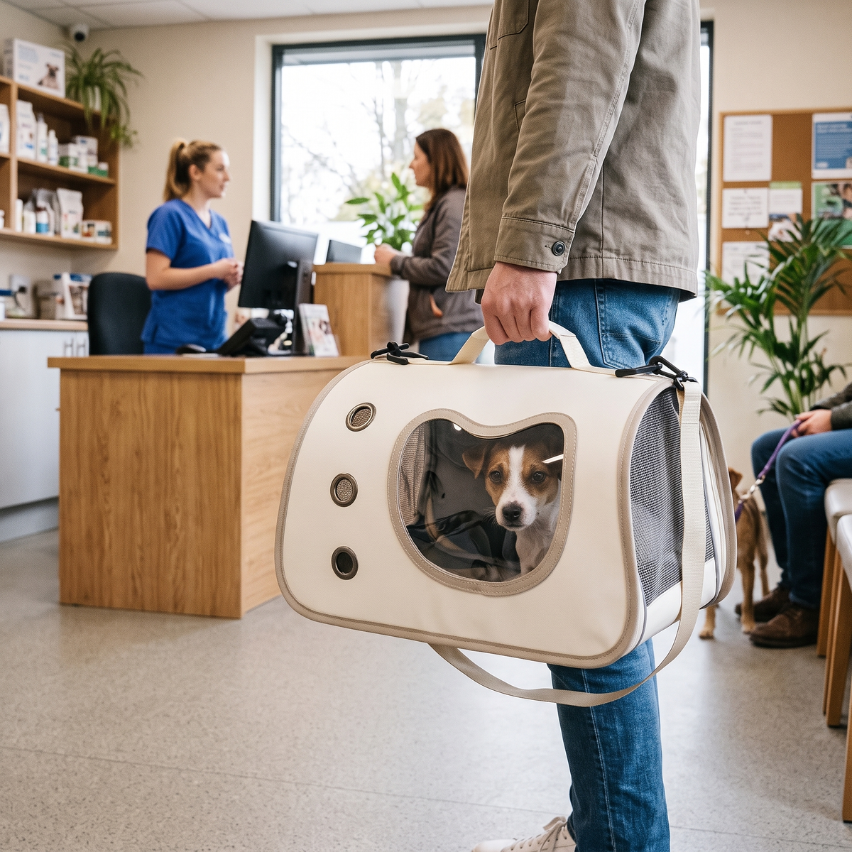 Cuddle Window Pet Carrier Bag at the vet with a small dog