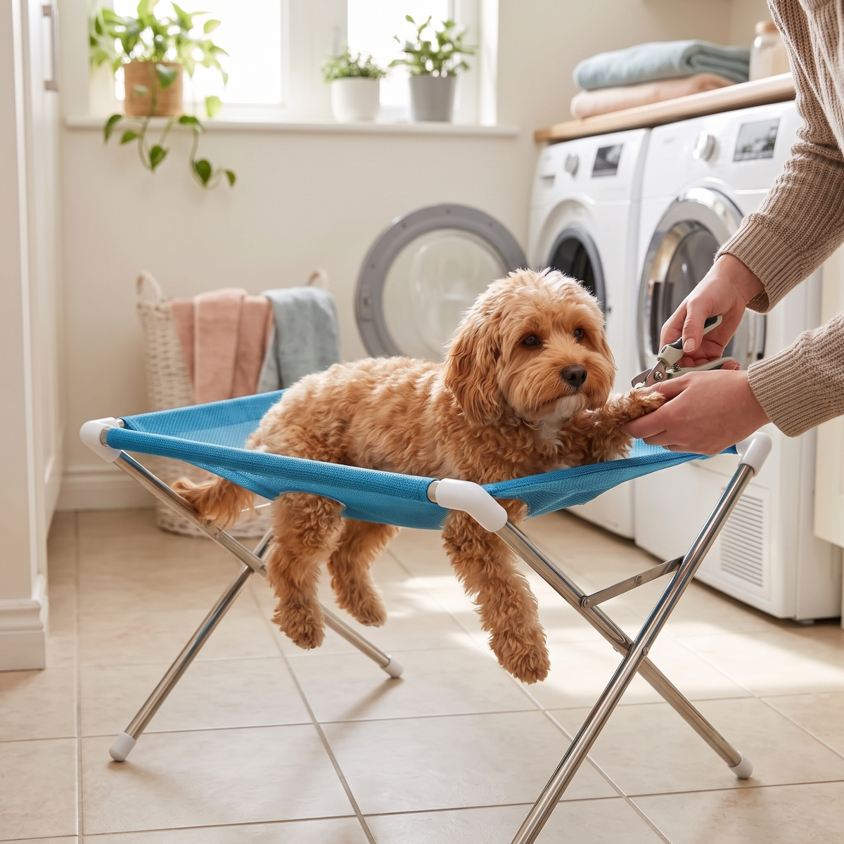 Steady Dog Grooming Hammock with a cavoodle getting a nail trim