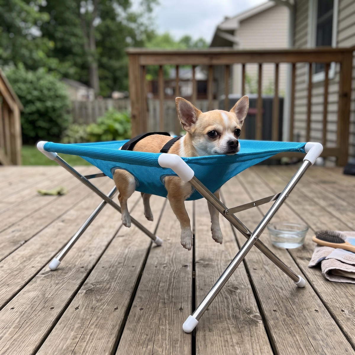 Steady Dog Grooming Hammock with a chihuahua on the deck