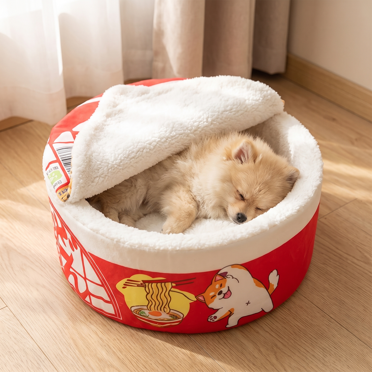 Twirl Fleece-Lined Noodle Cat Bed with a pomeranian asleep