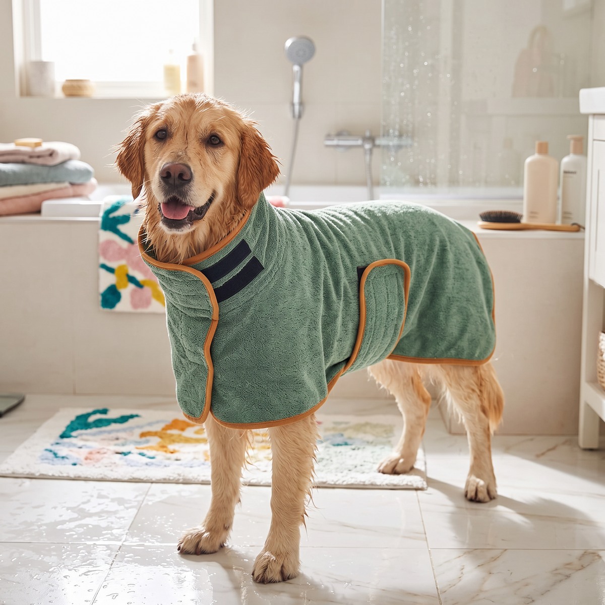 Snuggle Quick-Dry Dog Bathrobe Towel on a golden retriever after a bath