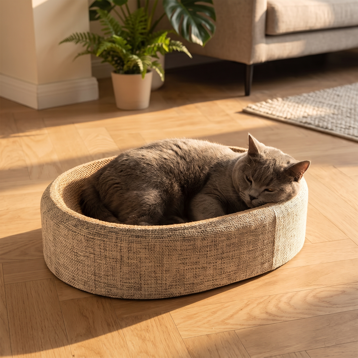 Weave Sisal Cat Scratcher Bed with a grey cat in the evening