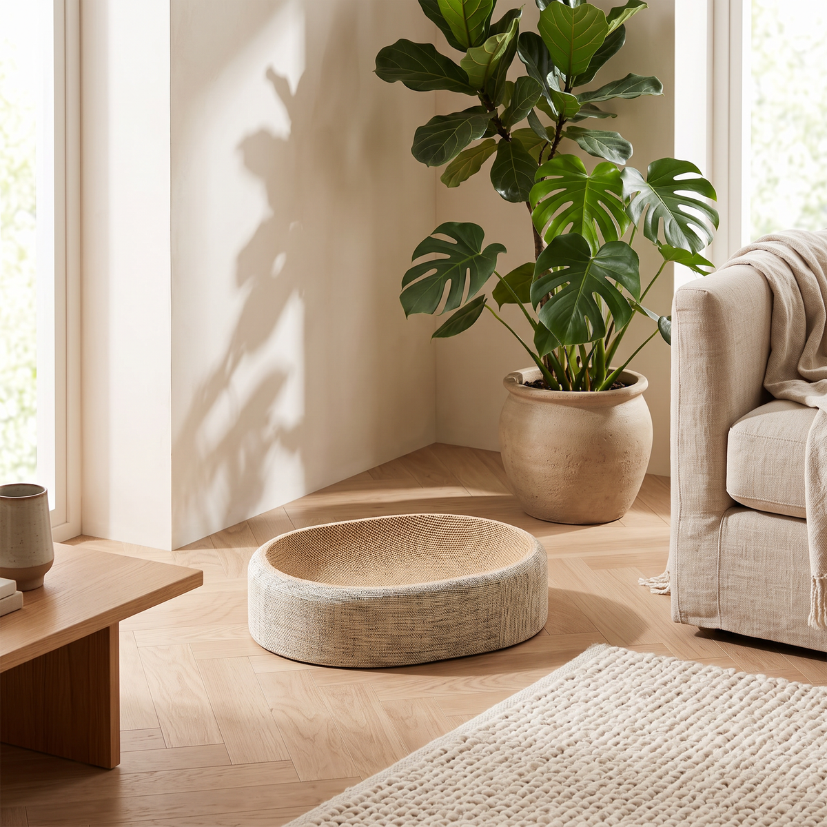 Weave Sisal Cat Scratcher Bed styled in a lounge corner