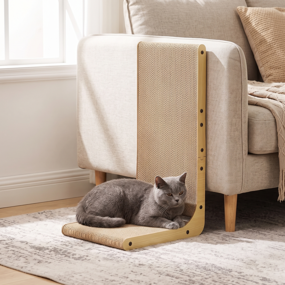 Corner L-Shape Cardboard Cat Scratcher with a grey cat lying down