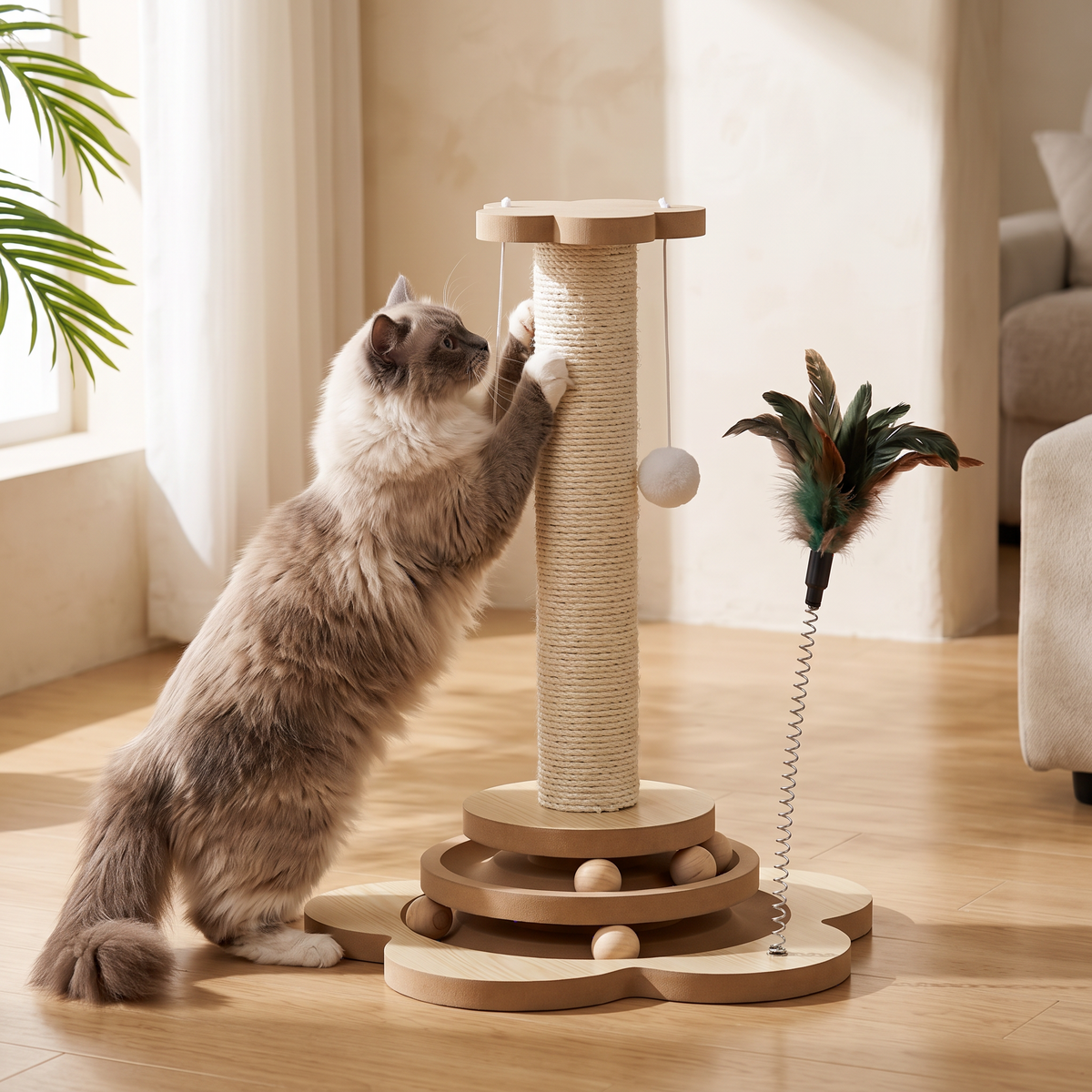 Spinner Wooden Cat Turntable Toy and Scratcher with a ragdoll scratching