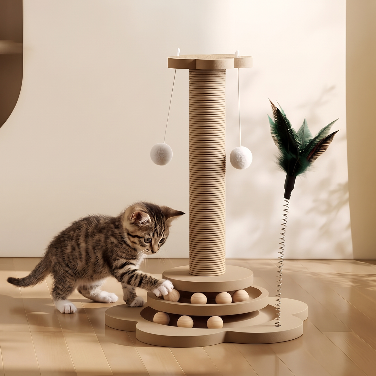 Spinner Wooden Cat Turntable Toy and Scratcher with a kitten batting the balls