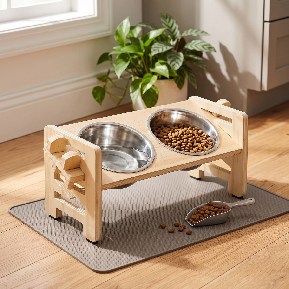 Tilt Elevated Cat Bowl Stand on a feeding mat