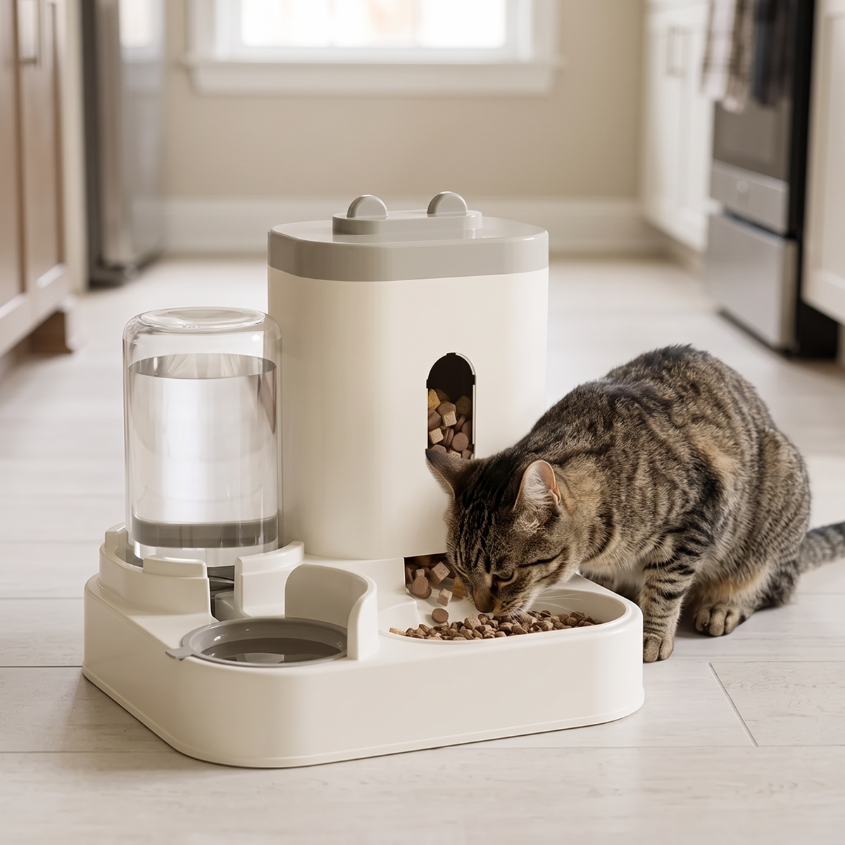 Refill Gravity Pet Feeder and Water Station with a tabby cat eating