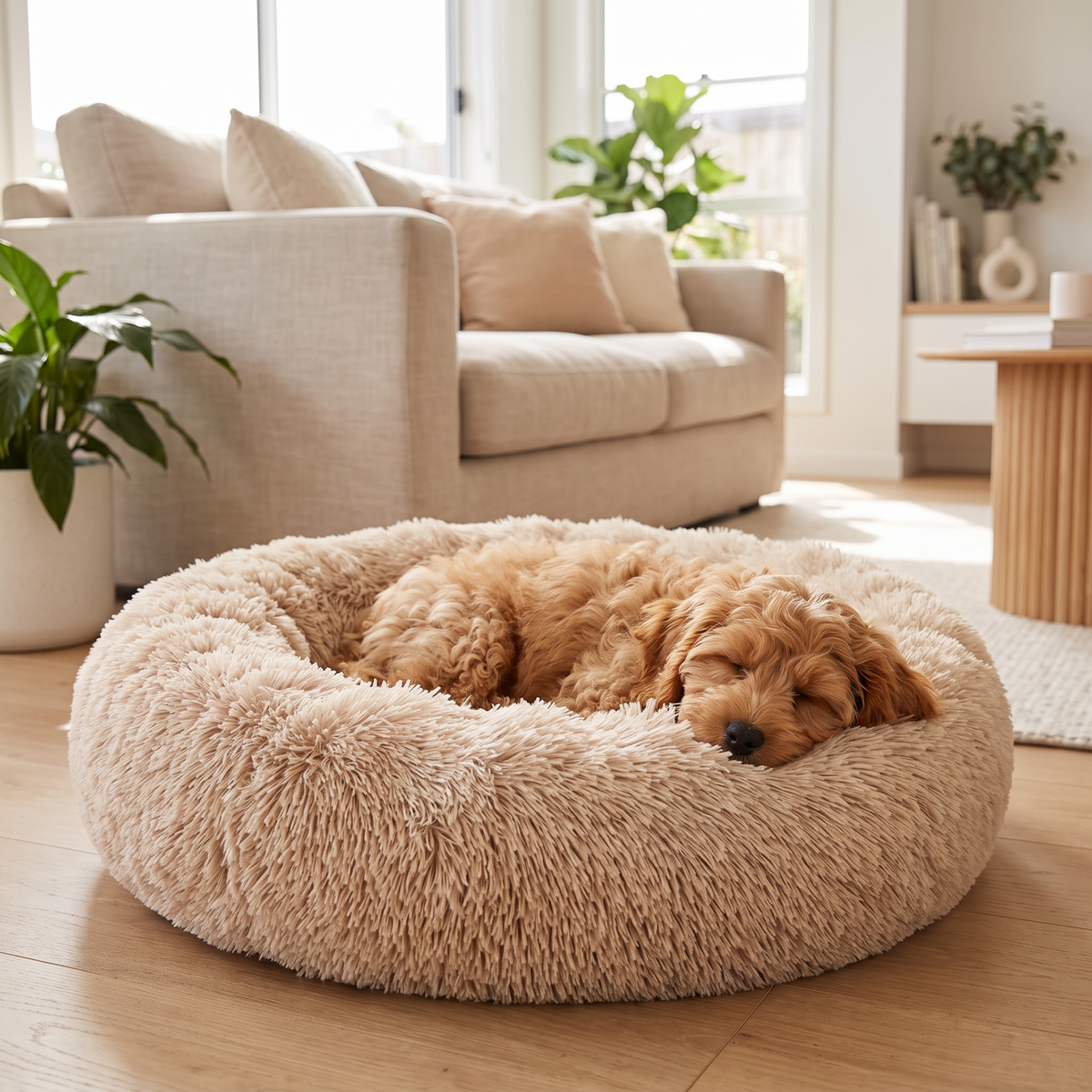 Halo Calming Donut Dog Bed with a puppy asleep in a living room