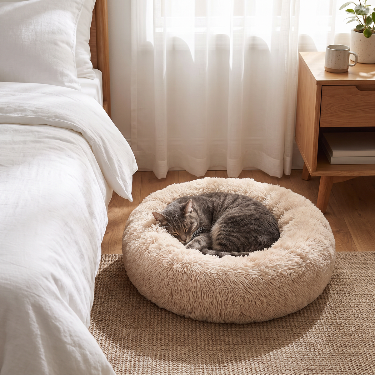 Halo Calming Donut Dog Bed with a cat curled up in a bedroom