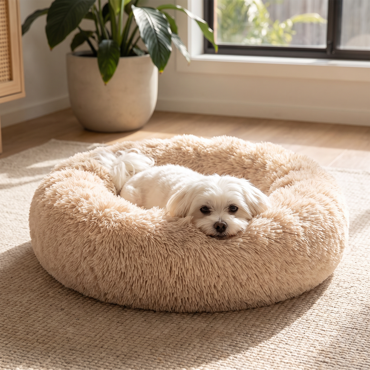 Halo Calming Donut Dog Bed with a small dog resting on the rim