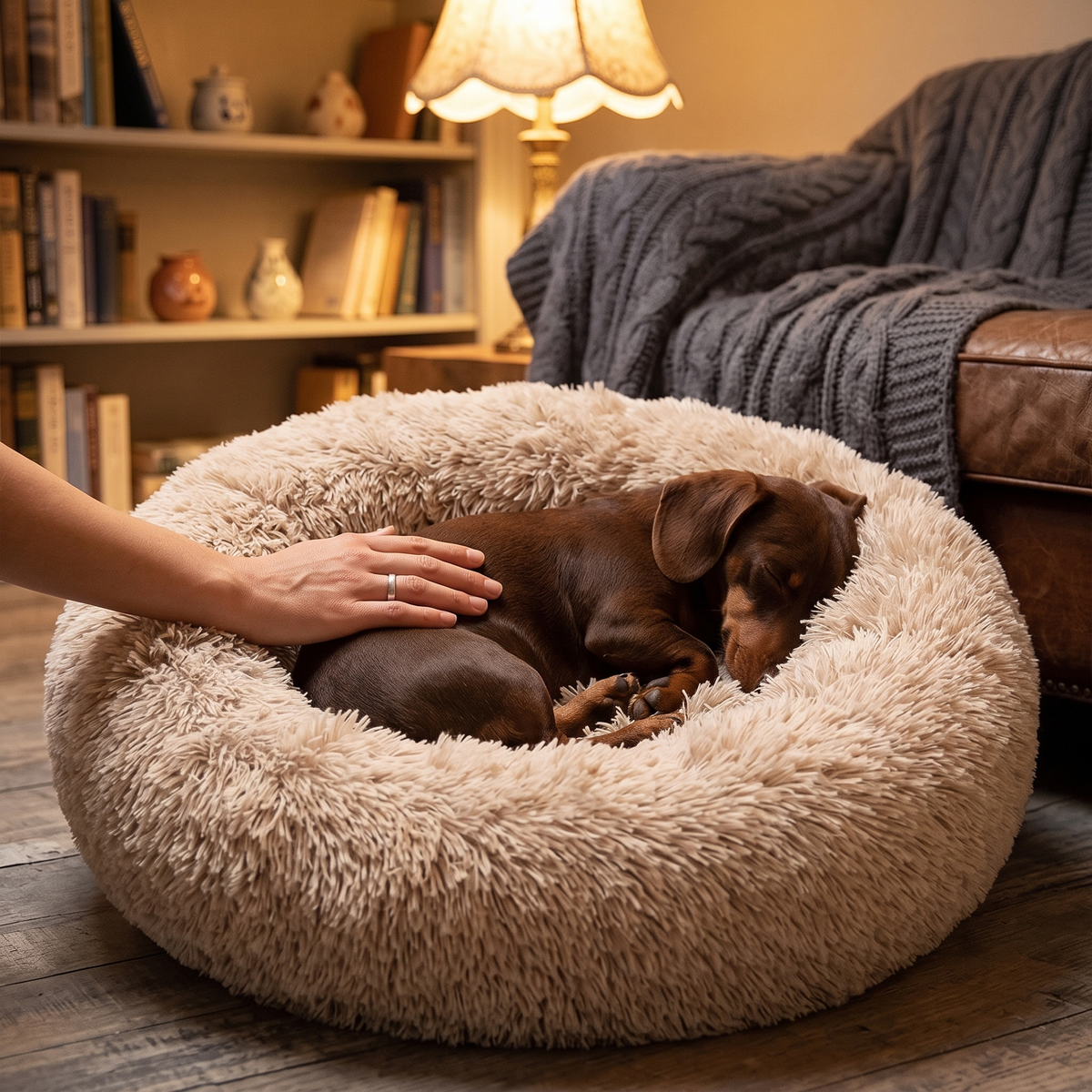 Halo Calming Donut Dog Bed with a dachshund in the evening