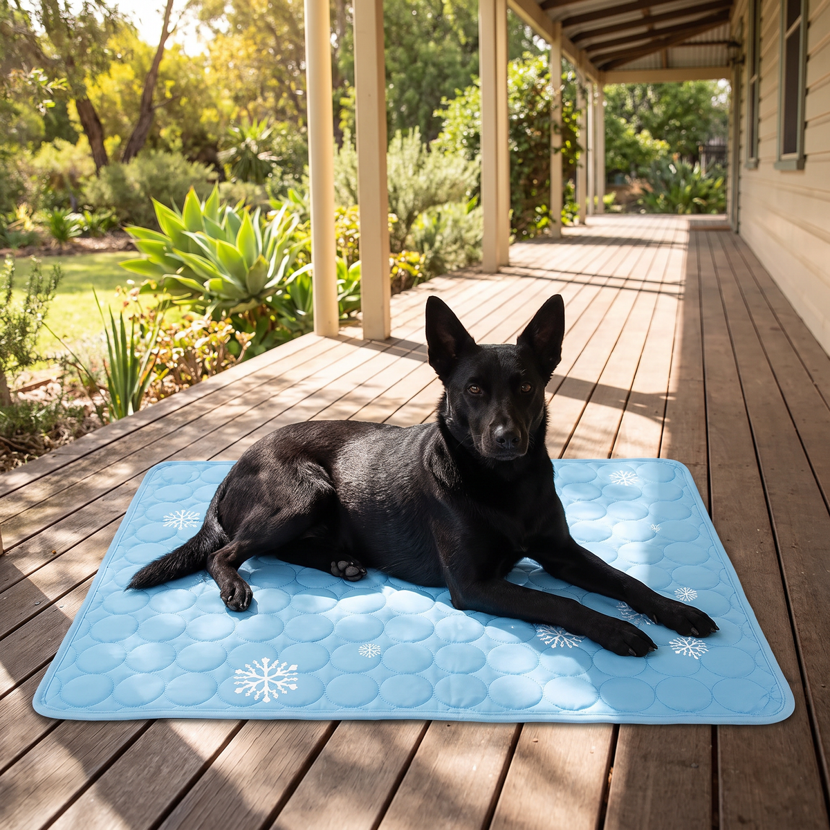 Frost Dog Cooling Mat on a shaded veranda