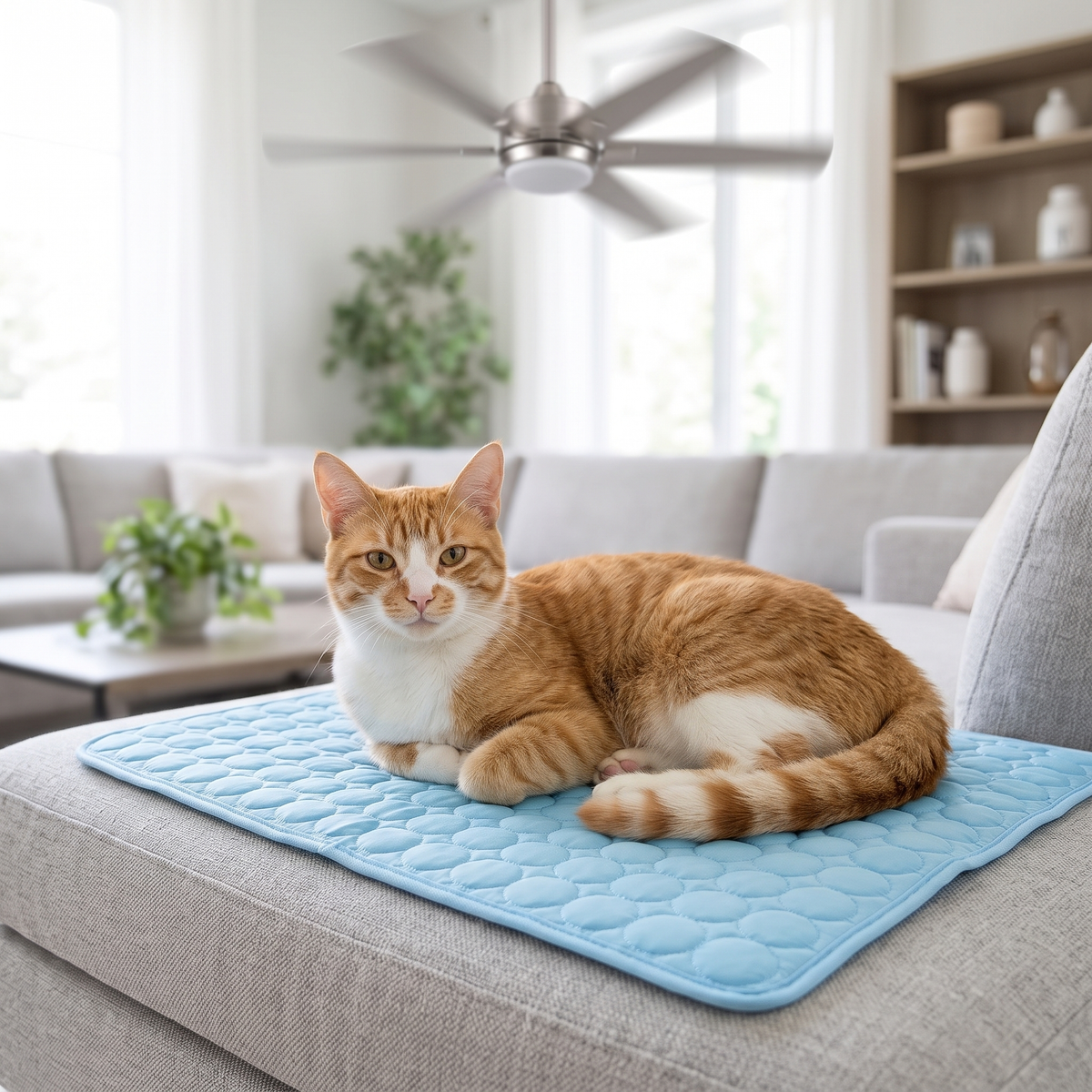 Frost Dog Cooling Mat with a cat on the sofa