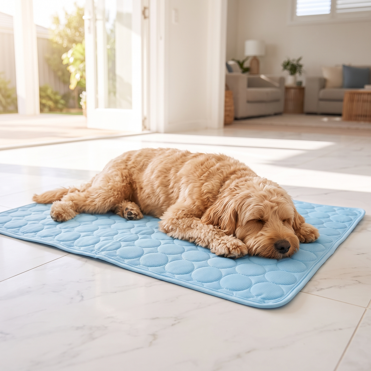Frost Dog Cooling Mat with a dog on a tiled floor