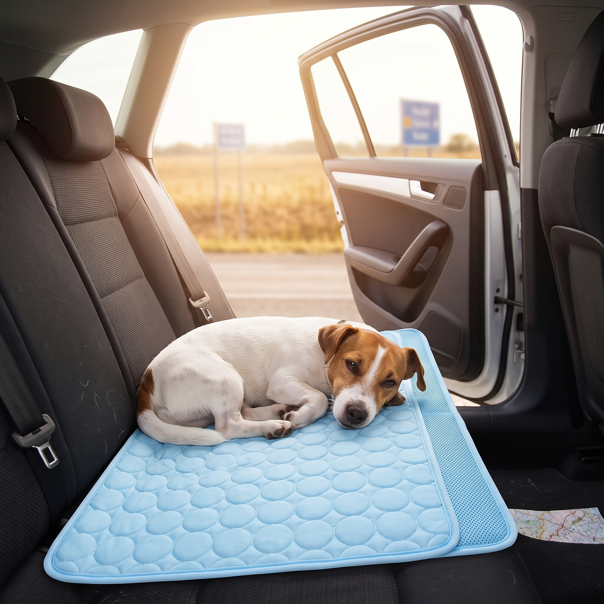 Frost Dog Cooling Mat on a car back seat