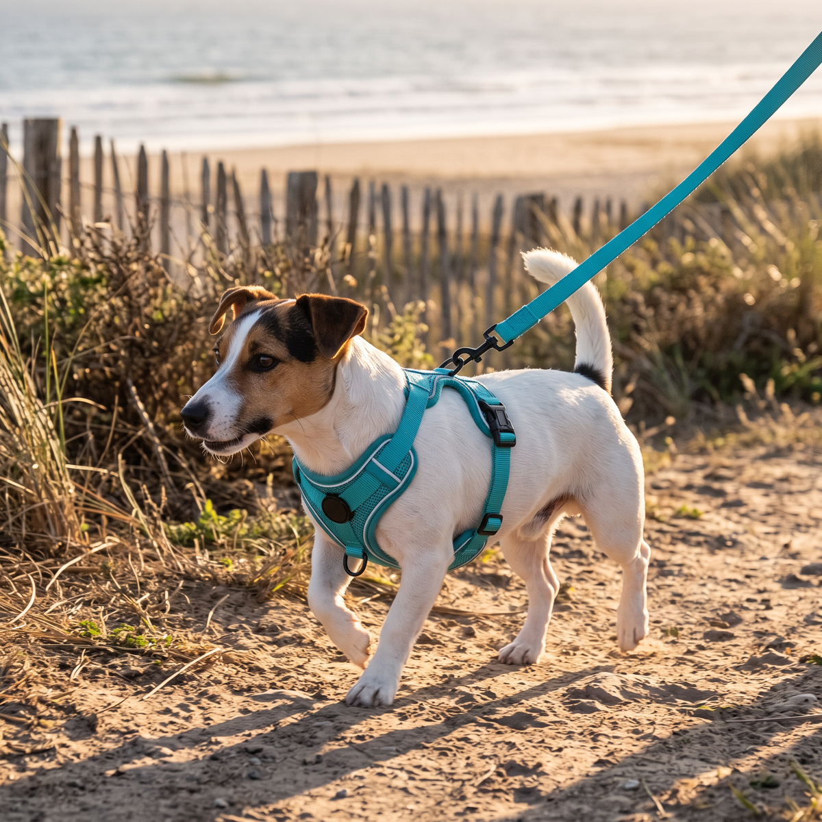 Stroll No-Pull Dog Harness and Leash Set on a jack russell at the beach