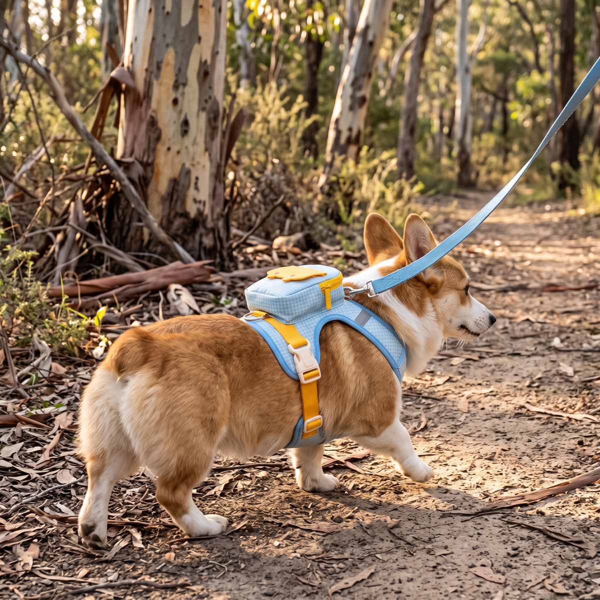 Rambler Backpack Dog Harness and Leash Set on a corgi on a bush trail