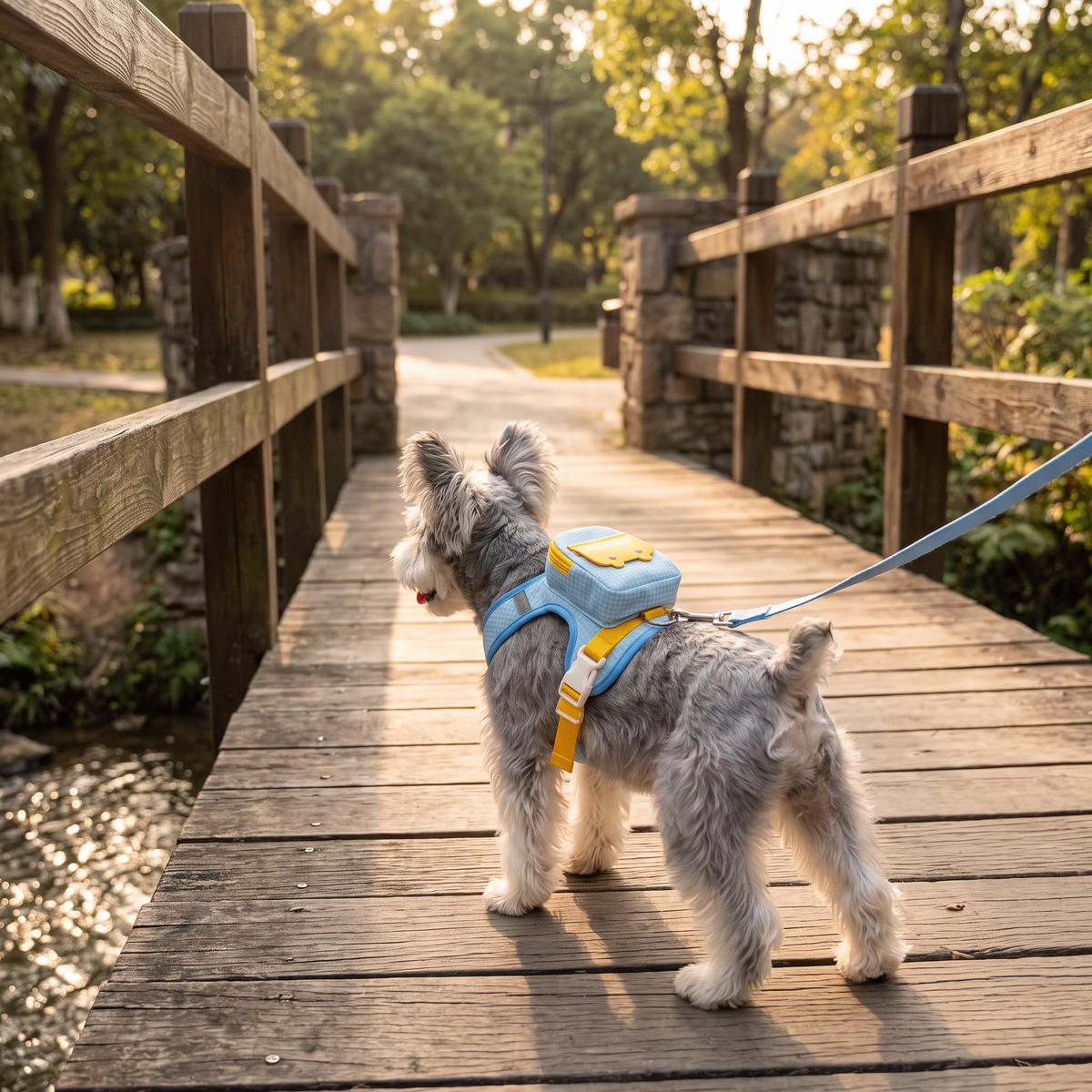 Rambler Backpack Dog Harness and Leash Set on a terrier at golden hour