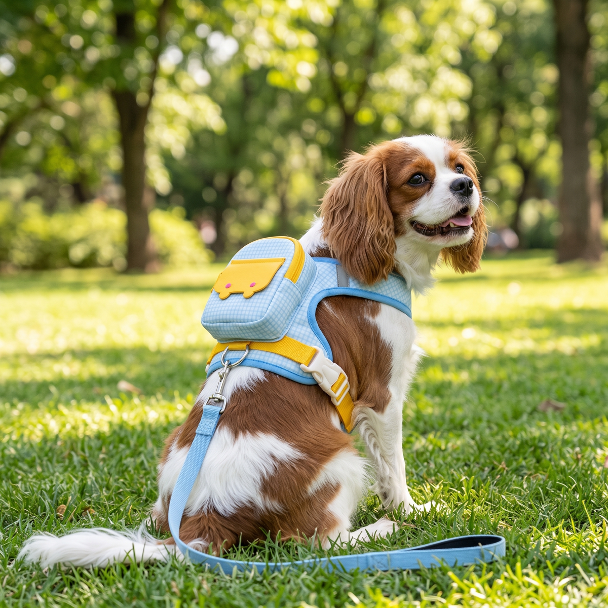 Rambler Backpack Dog Harness and Leash Set on a cavalier in the park
