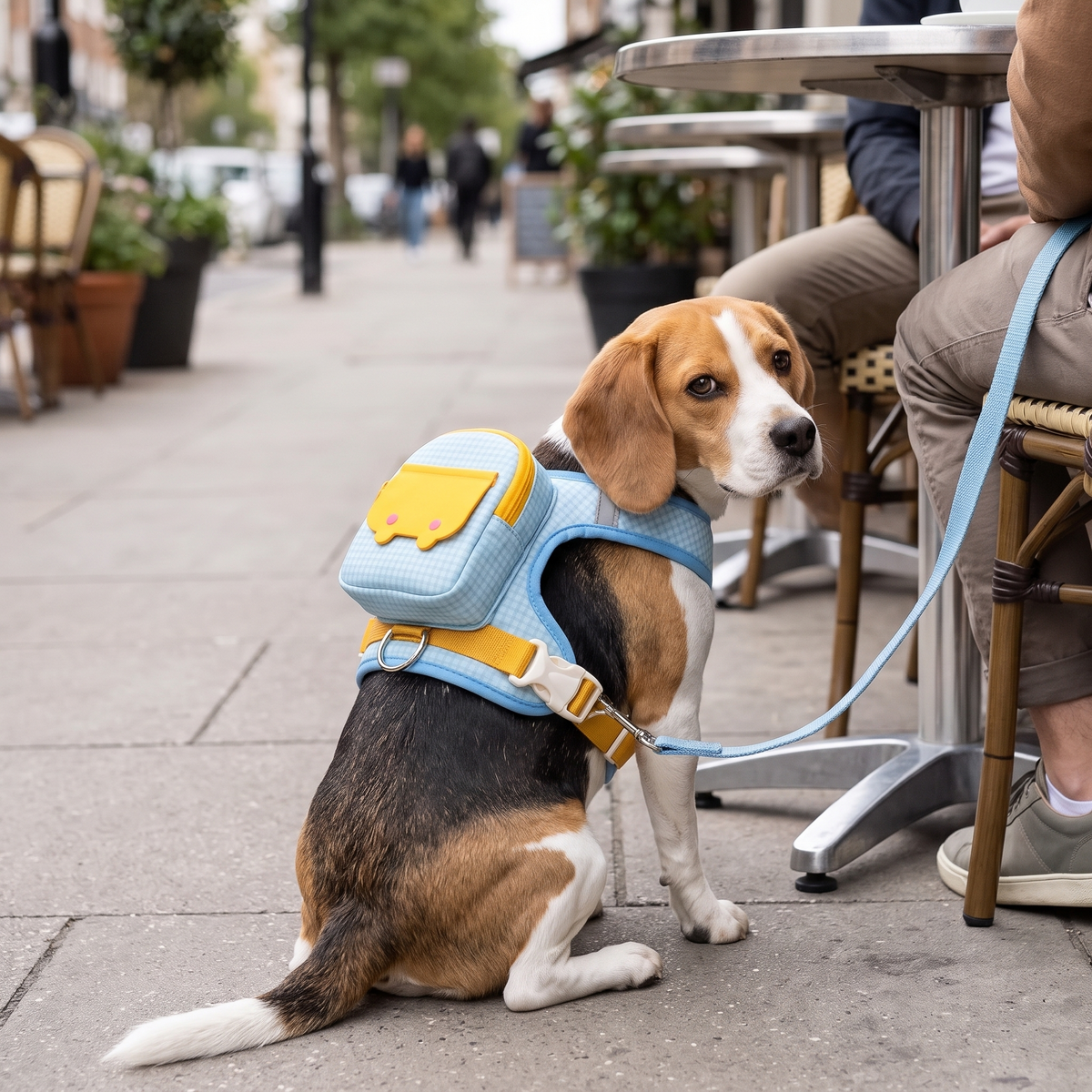 Rambler Backpack Dog Harness and Leash Set on a beagle outside a cafe
